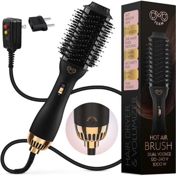 Professional Dual Voltage Blowout Hair Dryer Brush, Black Gold 2.4 " Oval Shape - Picture 1 of 6